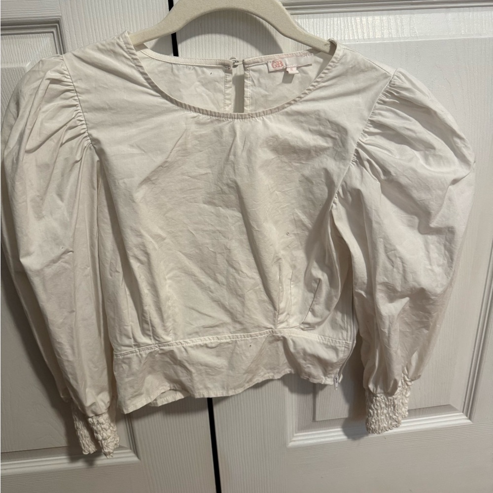 Gianni Bini Cream Puff Sleeve Blouse with Lace Trim